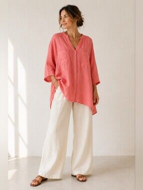 Eileen Fisher Coral Pink Button-Front Linen Tunic